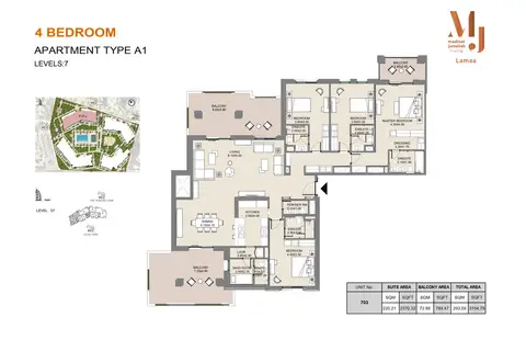 MJL Lamaa: Plan Type A1, Levels 7, Unit 703, 3,155 sq ft