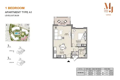 MJL Lamaa: Plan Type A1, Levels 07,08,09, Unit 706,806,904, 732 sq ft