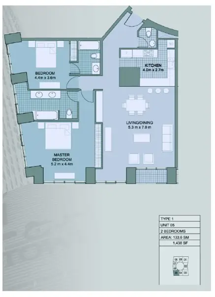 Cayan Tower: Floor plan Type-1,Unit-5,2-Bedroom,Size-1438-sq.ft, 1,438 sq ft