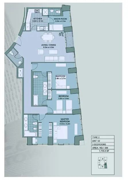 Cayan Tower: Floor plan Type-2,Unit-2,3-Bedroom,Size-1755.6-sq.ft, 1,756 sq ft