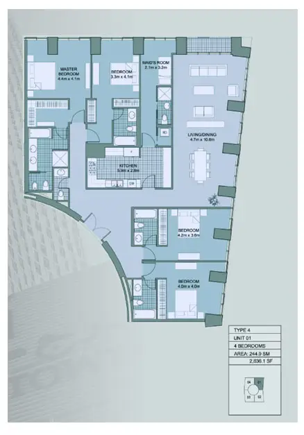 Cayan Tower: Floor plan Type-4,Unit-1,4-Bedroom,Size-2636.1-sq.ft, 2,636 sq ft