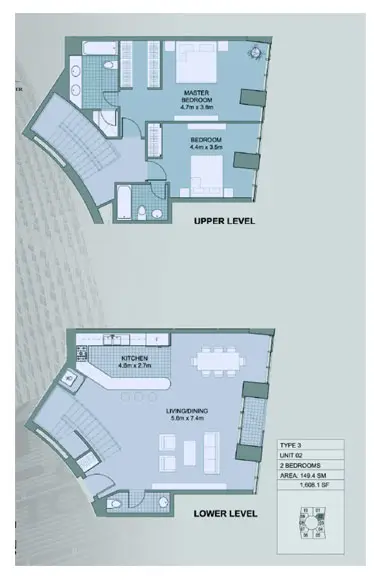 Cayan Tower: Floor plan Type-3, Unit-2,2-Bedroom, Size-1608.1-sq.ft, 1,608 sq ft