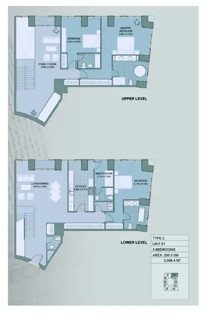 Cayan Tower: Floor plan Type-3,Unit-1,3-Bedroom,Size-2866.4-sq.ft, 2,866 sq ft