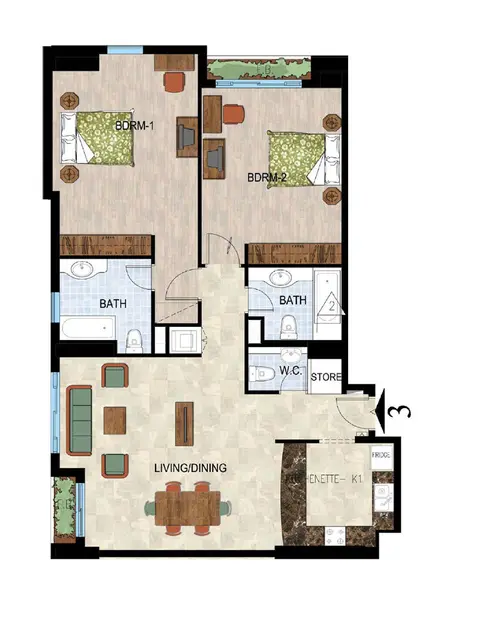 بروفايل ريزيدنسز: مخطط الطابق Ground Floor, 2 Bedroom Apartment Type 2
