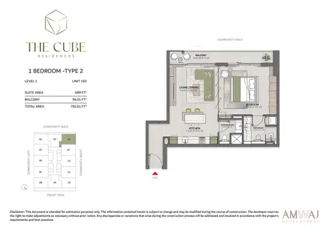 The Cube Quarter Residences: Floor plan Unit 102 (Type 2), 785 sq ft