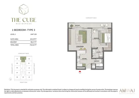 The Cube Quarter Residences: Floor plan Unit 103 (Type 3), 752 sq ft