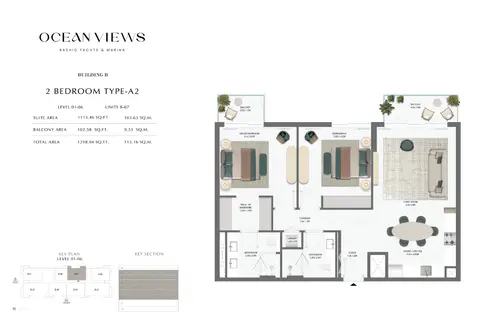 Emaar Ocean Views Mina Rashid: Floor plan Type A2 - 1st to 6th Level, 1,218 sq ft
