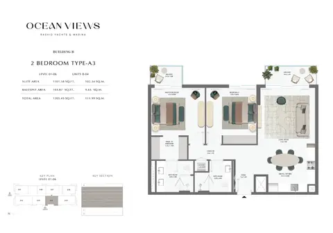 Emaar Ocean Views Mina Rashid: Floor plan Type A3 - 1st to 6th Level, 1,205 sq ft