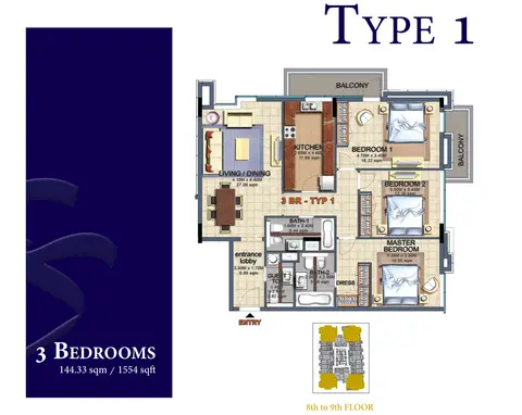 Durar 1: Floor plan Type 1, 1,554 sq ft