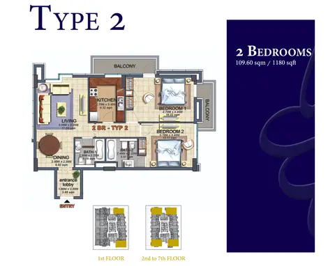 Durar 1: Floor plan Type 2, 1,180 sq ft