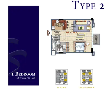 Durar 1: Floor plan Type 2, 734 sq ft