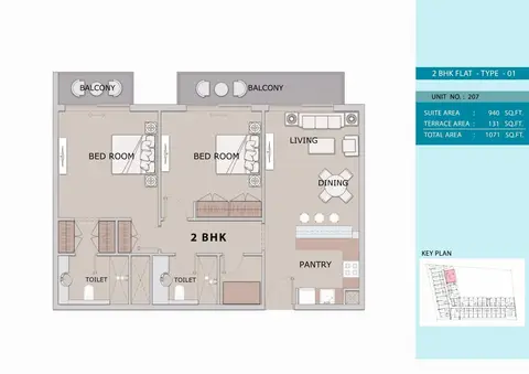 Oxford Residence 2: Floor plan 2 Bedroom Type 1, Size 1071 sq ft, 1,071 sq ft