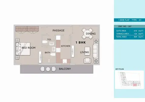 Oxford Residence 2: Floor plan 1 Bedroom Type 1, Size 804 sq ft, 804 sq ft