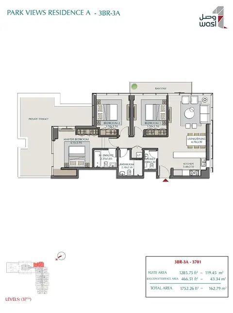 Wasl Park Views Residences Tower A: Floor plan Type 3A, Levels 37th, 1,752 sq ft