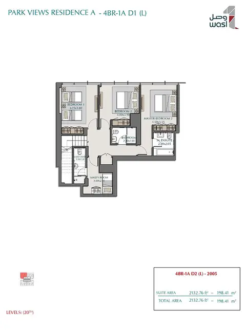 Wasl Park Views Residences Tower A: Floor plan Type 1A D1 (L), Levels 20th, 2,133 sq ft