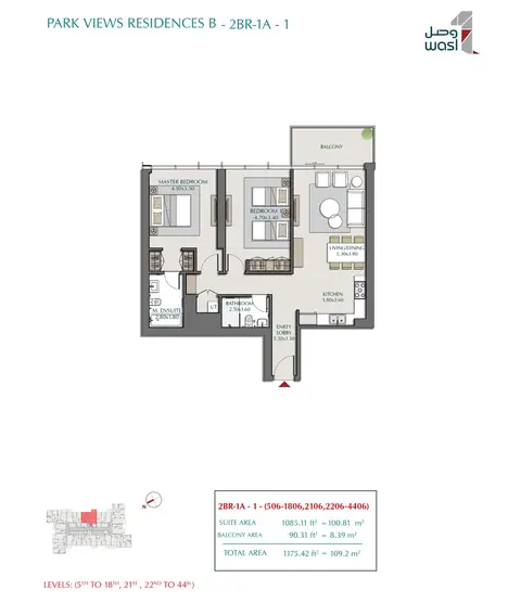 Wasl Park Views Residences Tower A: Floor plan Type 1A, 506-1806, 2106, 2206-4406, 1,175 sq ft