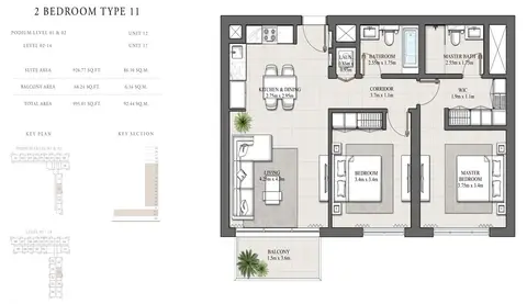 هيلز بارك أبارتمنتس: مخطط الطابق Type 11-Unit-12-17, 995 sq ft