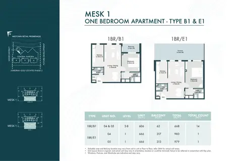 Midtown Mesk: Floor plan Type B1 & E1, 983 sq ft