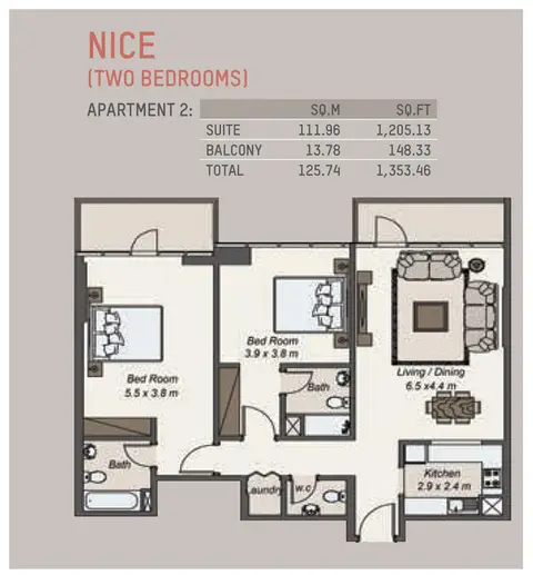 La Riviera Apartments: Plattegrond 2-Bedroom,Apartment-2,Size -1353.46 Sq.Ft, 1,353 sq ft