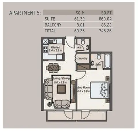 La Riviera Apartments: Plattegrond 1-Bedroom,Apartment-5,Size -746.26 Sq.Ft, 746 sq ft