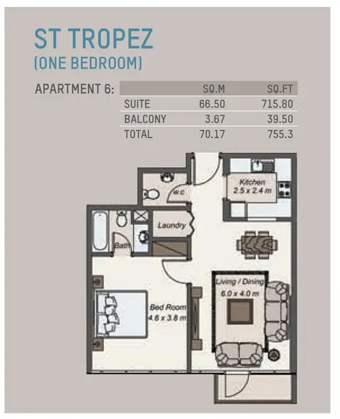 La Riviera Apartments: Plattegrond 1-Bedroom,Apartment-6,Size -755.3 Sq.Ft, 755 sq ft