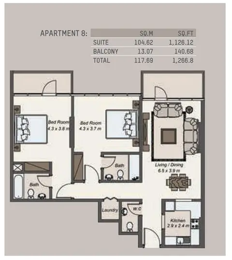 La Riviera Apartments: Plattegrond 2-Bedroom,Apartment-8,Size -1266.08-Sq.Ft, 1,266 sq ft