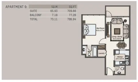 La Riviera Apartments: Plattegrond 2-Bedroom,Apartment-9,Size -786.94-Sq.Ft, 787 sq ft