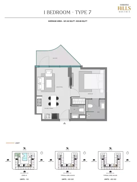 Samana Hills South: Floor plan Type 7, 521 sq ft
