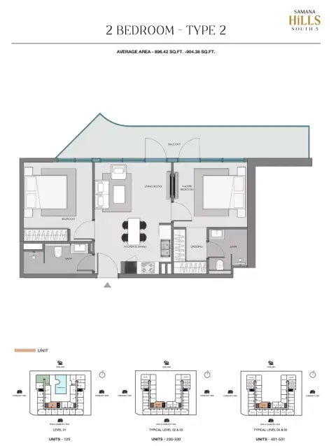 Samana Hills South: Floor plan Type 2, 896 sq ft