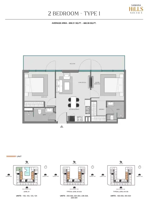 Samana Hills South: Floor plan Type 1, 859 sq ft