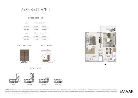 Emaar Marina Place Mina Rashid: Type 1B, 818 sq ft 户型图