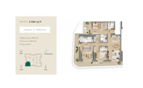 Midora Residences at JVC: Floor plan Floors 28-41, 2,066 sq ft