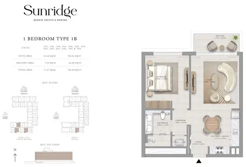Emaar Sunridge Mina Rashid: Floor plan Type 1B, 769 sq ft