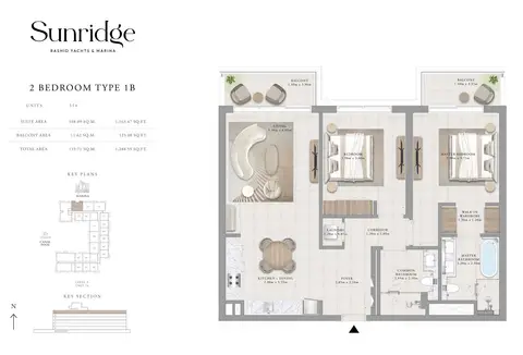 Emaar Sunridge Mina Rashid: Floor plan Type 1B, 1,289 sq ft