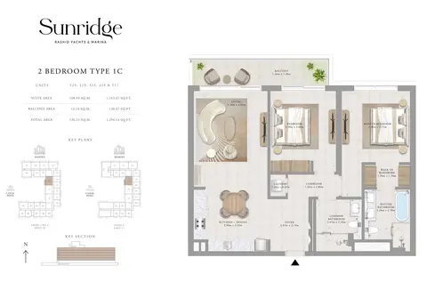 Emaar Sunridge Mina Rashid: Floor plan Type 1C, 1,294 sq ft