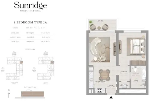Emaar Sunridge Mina Rashid: Floor plan Type 2A, 765 sq ft