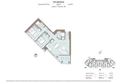 ناوتيكا 2 من مجموعة سيلكت: مخطط الطابق Type B, Unit 3, 1,032 sq ft