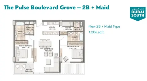 ذا بالس: مخطط الطابق 2 BR, Maid Room, 1,206 sq ft
