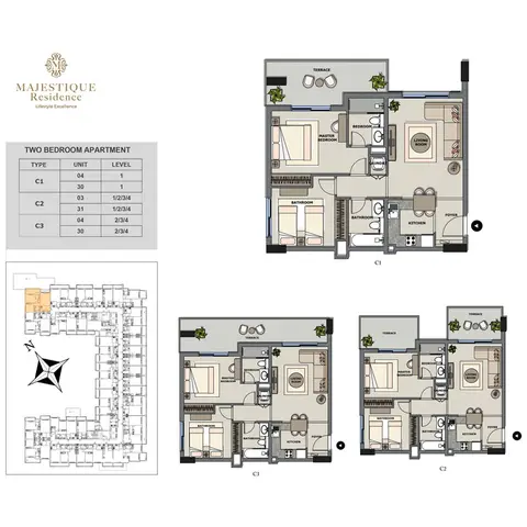 Majestique Residence 2: फ़्लोर प्लान 2 Bedroom Apartment,Type-C1,C2,C3