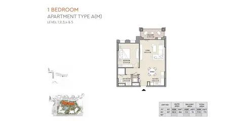 MJL Asayel Building 3: Floor plan 1 Bedroom, Type A, Level 1,2,3,4 & 5 Size 773.00 sq ft, 773 sq ft