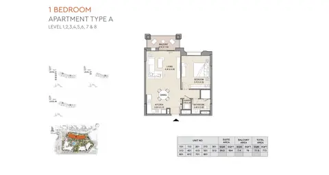 MJL Asayel Building 3: Floor plan 1 Bedroom, Type A, Level 1,2,3,4,5,6,7 & 8 Size 773.00 sq ft, 773 sq ft