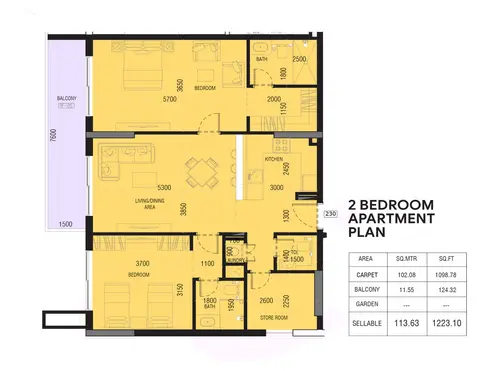 Joya Blanca Residences: 2 Bedroom Apartment Plan, 1,223 sq ft 户型图