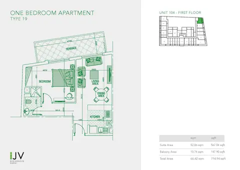Joya Verde Residences: Floor plan Type 19, Unit 104 - First Floor, 715 sq ft