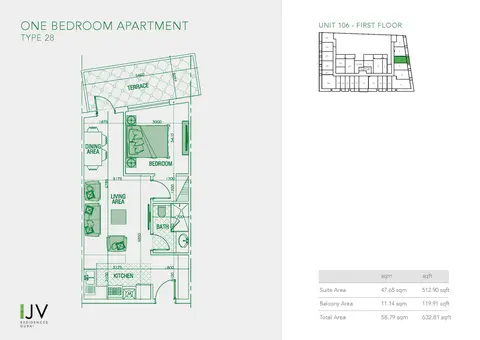 Joya Verde Residences: Floor plan Type 28, Unit 106 - First Floor, 633 sq ft