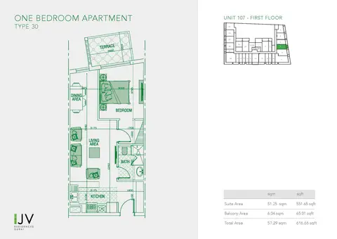 Joya Verde Residences: Floor plan Type 30, Unit 107 - First Floor, 617 sq ft