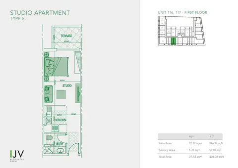 Joya Verde Residences: Floor plan Type 5, Unit 116, 117 - First Floor, 404 sq ft