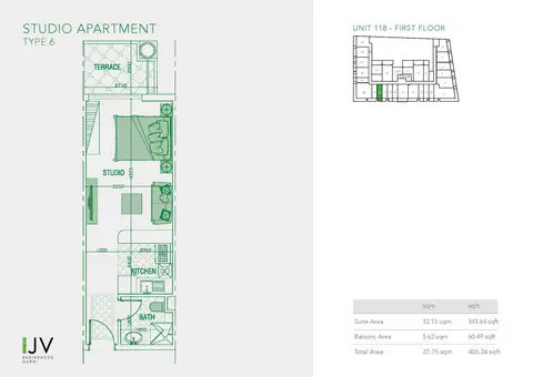 Joya Verde Residences: Floor plan Type 6, Unit 118 - First Floor, 406 sq ft