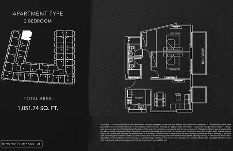 Binghatti Mirage: Floor plan 2 Bedroom, 1,052 sq ft
