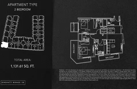 Binghatti Mirage: Floor plan 2 Bedroom, 1,132 sq ft
