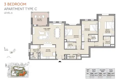 MJL Asayel Building 2: 3 Bedroom, Type C, Level 6, 2,001 sq ft 户型图